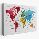 Harita Sepeti Dünya Haritası Son Derece Ayrıntılı Eğitici ve Sembollü Dekoratif Kanvas Tablo 3223