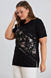 Wearon Kadın Julia Varak Baskılı Taşlı Penye Siyah Tişört