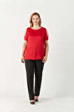3235 Açık Omuz Detaylı Saten Büyük Beden Şık Bluz Kırmızı