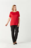 3235 Açık Omuz Detaylı Saten Büyük Beden Şık Bluz Kırmızı