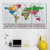 Harita Sepeti Dünya Haritası Son Derece Ayrıntılı Eğitici ve Bayraklı Dekoratif Kanvas Tablo 3244