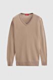 Regular Fit Bej Düz V Yaka Triko Kazak 5HF06ORT12003
