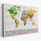 Harita Sepeti Dünya Haritası Son Derece Ayrıntılı Eğitici ve Bayraklı Dekoratif Kanvas Tablo 3256