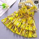 MODAVALS LİMON SARI KARDEŞ KOMBİN ÇİÇEKLİ KIZ ÇOCUK ELBİSE & BANDANA KOMBİN