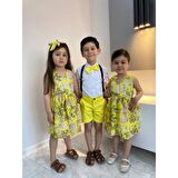MODAVALS LİMON SARI KARDEŞ KOMBİN ÇİÇEKLİ KIZ ÇOCUK ELBİSE & BANDANA KOMBİN