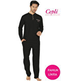 Erkek Siyah Bisiklet Yaka 3 Düğmeli Göğüs Cepli Pamuk Likra Mevsimlik Uzun Kol Cepli Pijama Takımı