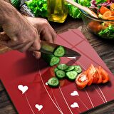 Decovetro Cam Kesme Tahtası Kare Kırmızı Beyaz Kalp Desenli 30x30 Cm