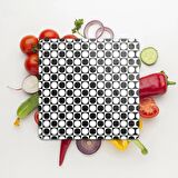 Decovetro Cam Kesme Tahtası Kare Küçük Yuvarlak Siyah Beyaz Desenli 30x30 Cm