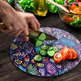 Decovetro Cam Kesme Tahtası Yuvarlak Renkli Yaprak Desenli 30x30 Cm