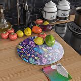 Decovetro Cam Kesme Tahtası Yuvarlak Renkli Yaprak Desenli 30x30 Cm