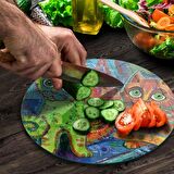 Decovetro Cam Kesme Tahtası Yuvarlak Kedi Desenli 30x30 Cm