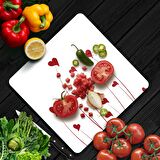 Decovetro Cam Kesme Tahtası Kare Beyaz Kırmızı Kalp Desenli 30x30 Cm