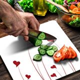 Decovetro Cam Kesme Tahtası Kare Beyaz Kırmızı Kalp Desenli 30x30 Cm