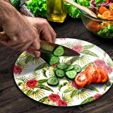 Decovetro Cam Kesme Tahtası Yuvarlak Yeşil Renkli Çiçek Desenli 30x30 Cm