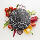 Decovetro Cam Kesme Tahtası Yuvarlak Karışık Yazı Desenli 30x30 Cm