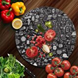 Decovetro Cam Kesme Tahtası Yuvarlak Karışık Yazı Desenli 30x30 Cm