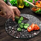 Decovetro Cam Kesme Tahtası Yuvarlak Karışık Yazı Desenli 30x30 Cm