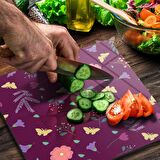 Decovetro Cam Kesme Tahtası Kare Mor Sarı Kelebek Çiçek Desenli 30x30 Cm