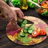 Decovetro Cam Kesme Tahtası Yuvarlak Sonbahar Yaprak Desenli 30x30 Cm