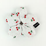 WoodyCord El Yapımı Kiraz Desenli Beyaz Çiçek Scrunchie Topuz Tokası