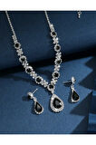 Gümüş Kaplama Gece Damla Taşlı Kolye,küpe Seti 2'lü Set Davet Düğün Nişan Abiye