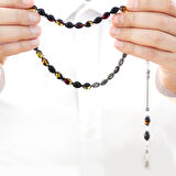 925 Ayar Gümüş Püsküllü Arpa Kesim Gümüş İsim Yazılı Bala-Siyah Ateş Kehribar Tesbih