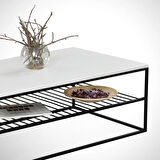 Pasific Home Etna Metal Ayaklı Orta Sehpa, Raflı Dikdörtgen Sehpa, Ahşap Beyaz