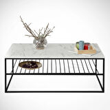 Pasific Home Etna Metal Ayaklı Orta Sehpa, Raflı Dikdörtgen Sehpa, Beyaz Mermer