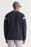 Erkek Indigo Melanj Oversize Fit Bol Kesim Içi Polarlı 3 Iplik Kolej Yaka Pamuklu Sweatshirt Ceket