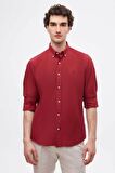 Slim Fit Bordo Oxford Düğmeli Yaka Kolay Ütülenebilir Nakış Detaylı Pamuklu Gömlek 4HC02ORT03265