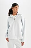 DeFactoFit Oversize Geniş Kalıp Fermuarlı Dik Yaka Skuba Dalgıç Kumaş Sporcu Basic Düz Sweatshirt C9404AX24AUBE817