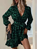 MDB Kadın Uzun Kollu Kruvaze Yaka Beden Kuşaklı çapraz Kesim Detaylı Leopar Modal Mini Elbise