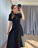 MDB Kadın Kısa Kollu Bisiklet Yaka Maksi Boy Ithal Krep Elbise