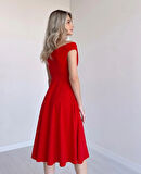 MDB Kadın Kısa Kollu Kruvaze Yaka Eteği Volanlı Krep Elbise