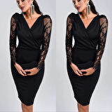 MDB Kadın Uzun Kollu Kruvaze Yaka Kollar Tül Detay Krep Mini Boy Elbise