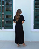 MDB Kadın Kısa Kollu Bisiklet Yakalı Yandan Yırtmaçlı Büzgülü Janjan Krep Elbise