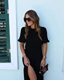 MDB Kadın Kısa Kollu Bisiklet Yakalı Yandan Yırtmaçlı Büzgülü Janjan Krep Elbise