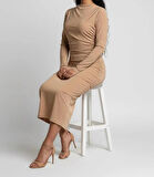 Mevsimlik | Kadın Caramel Drapeli Midi Elbise Yüksek Yaka Uzun Kollu Penye Kumaş