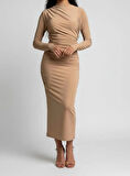 Mevsimlik | Kadın Caramel Drapeli Midi Elbise Yüksek Yaka Uzun Kollu Penye Kumaş