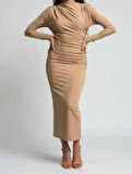 Mevsimlik | Kadın Caramel Drapeli Midi Elbise Yüksek Yaka Uzun Kollu Penye Kumaş