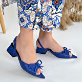 Önü Açık Fiyonklu Topuklu Ayakkabı Cilt Mavi Topuk Boyu 3 Cm