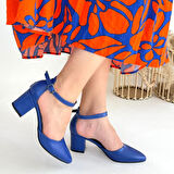 Sivri Burun Yanı Açık Kemerli Topuklu Ayakkabı Cilt Mavi Topuk Boyu 5,5 Cm