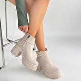 Yandan Fermuarlı Topuklu Bot Cilt Bej Topuk Boyu 7 Cm