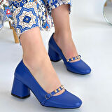 Küt Burun Kemerli Topuklu Ayakkabı Cilt Mavi Topuk Boyu 7 Cm