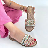 Hasır Dokuma Tokalı Terlik Tekstil Renkli Topuk Boyu 1 Cm