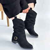 Körüklü Topuklu Çizme Süet Siyah Topuk Boyu 3 Cm