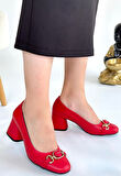 Küt Burun Topuklu Ayakkabı Cilt Kırmızı Topuk Boyu 7 Cm