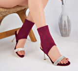 Arkası Açık Taşlı İnce Topuklu Ayakkabı Süet Bordo Topuk Boyu 10 Cm