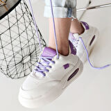 Lila Detaylı Ortopedik Topuk Dikenine Karşı Özel Üretim Bağcıklı Spor Ayakkabı Cilt Beyaz Topuk Boyu 4 Cm