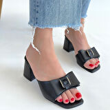 Açık Burun Fiyonklu Topuklu Terlik Cilt Siyah Topuk Boyu 7 Cm